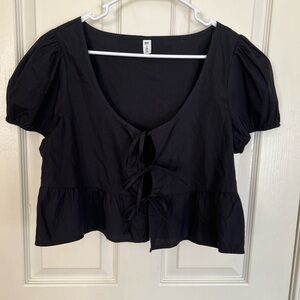 BP Black Tie Front Cropped Blouse Puff Sleeve Top Size M
